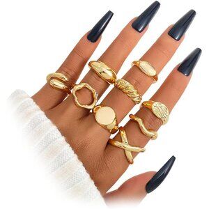 Elegant 9-Piece Golden Chunky Rings for Women - Non-Tarnish and Stackable, US5-8